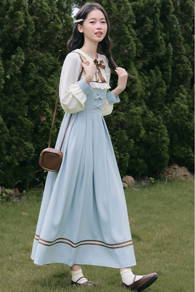 Light Blue Lapel Collar Long Sleeves Bow Spliced Faux Two-Piece Sweet College Style Lolita Dress - Product - 5