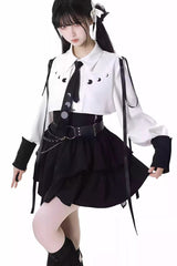 White/Black [Moonlight Flowing] Long/Short Sleeves Ruffled Asymmetric Gothic Jirai Kei Skirt Set - White/Black Short Skirt Set (Long-Sleeved) - 2