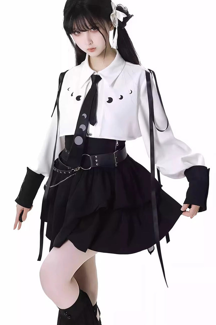 White/Black [Moonlight Flowing] Long/Short Sleeves Ruffled Asymmetric Gothic Jirai Kei Skirt Set - White/Black Short Skirt Set (Long-Sleeved) - 2