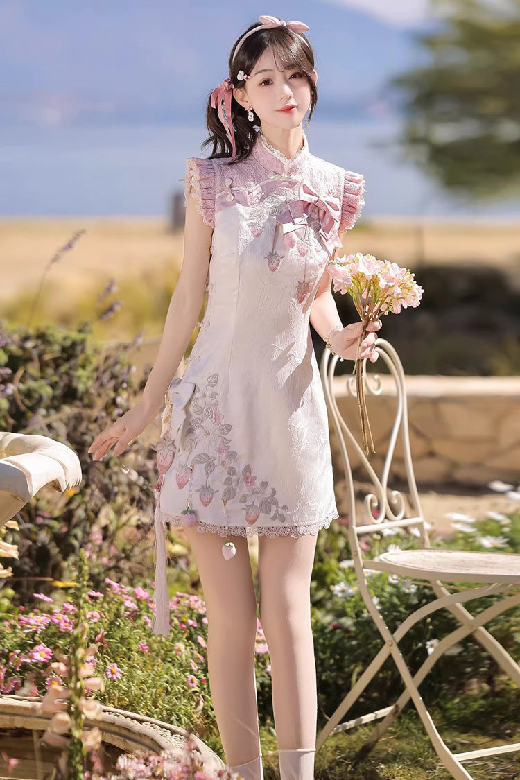 White/Pink [Spring Strawberry] Stand Collar Ruffled Embroidered Lace Color-Blocked Chinese Style Sweet Lolita Dress Cheongsam - Product - 10