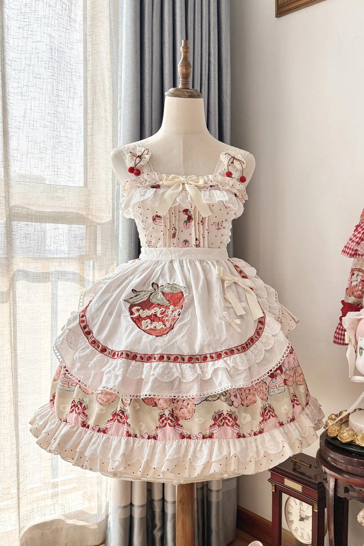 Ivory [Strawberry Bear] Sleeveless Double-Layered Print Ruffle Bowknot Sweet Princess Lolita Jsk Dress - Product - 4