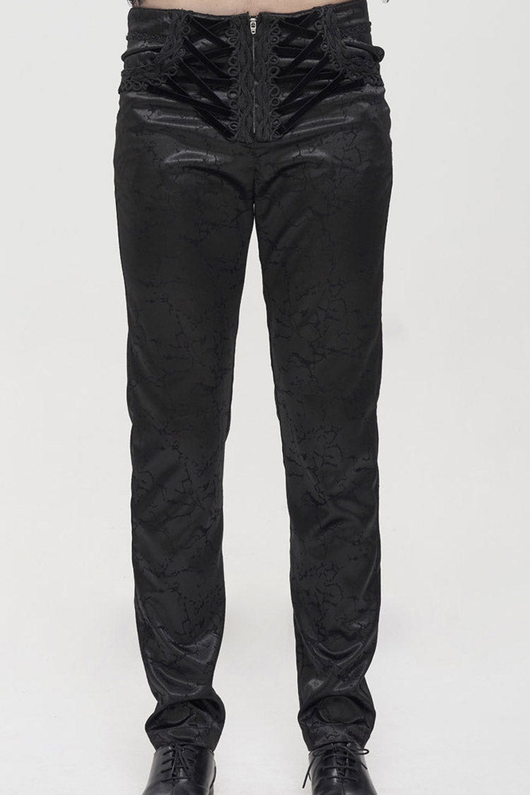 Black Gothic Glossy Pattern Drawstring Lace Decoration Men's Pants - Black - 1