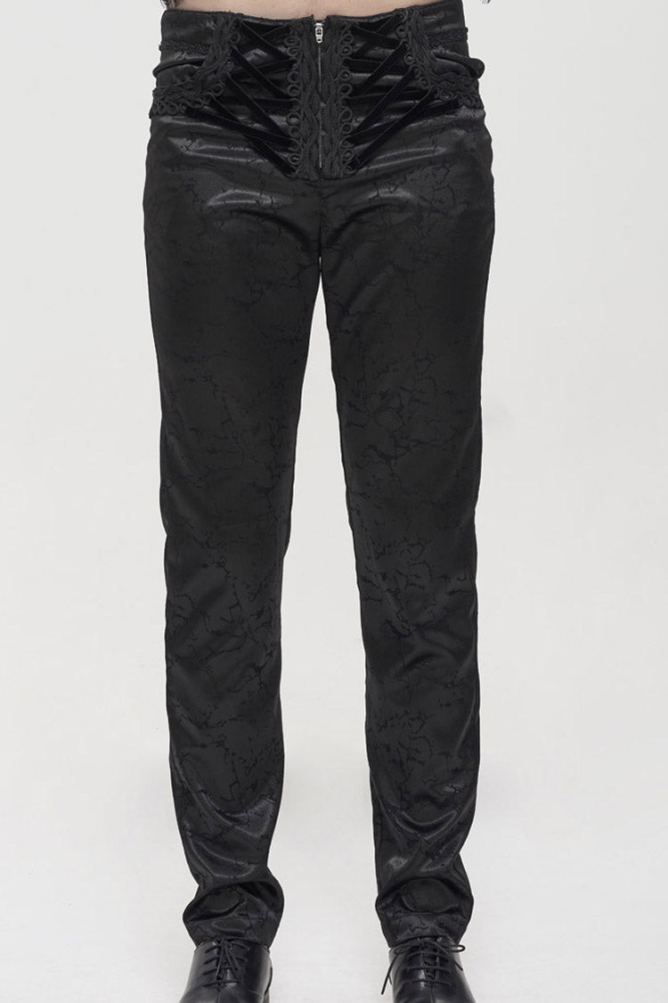 Black Gothic Glossy Pattern Drawstring Lace Decoration Men's Pants - Black - 1