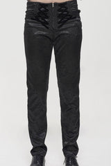 Black Gothic Glossy Pattern Drawstring Lace Decoration Men's Pants - Black - 1