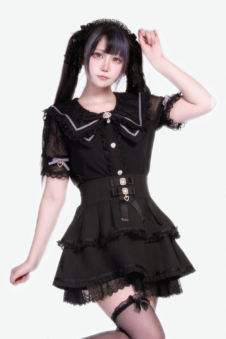 [Fruit Candy] Ruffle Bowknot Lace Sweet Jirai Kei Japanese Skirt 5 Colors - Black - 5