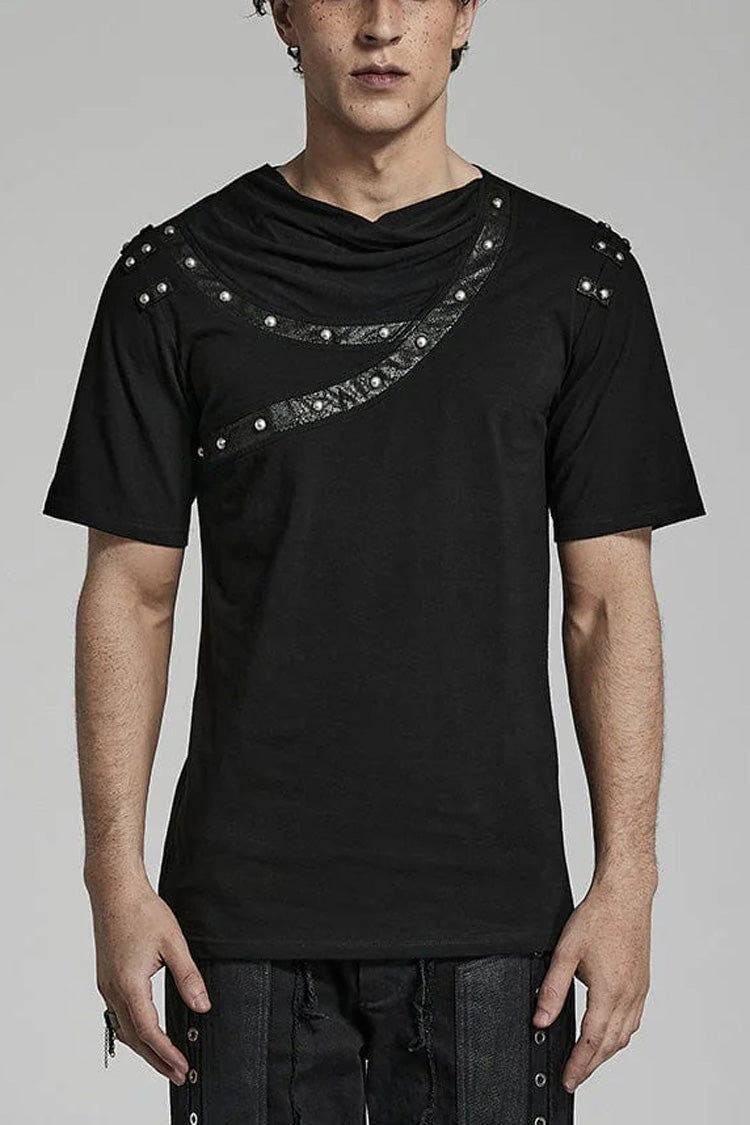 Black Short Sleeves Asymmetric Mens Daily Steampunk T-Shirt - Black - 1