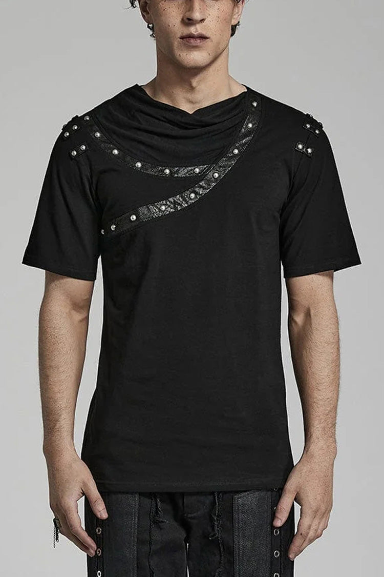 Black Short Sleeves Asymmetric Mens Daily Steampunk T-Shirt - Black - 1