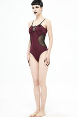 Wine Splice Mesh Lace-Up Chest Hand-Cranked Waist Women's Gothic One-Piece Swimsuit - Product - 5