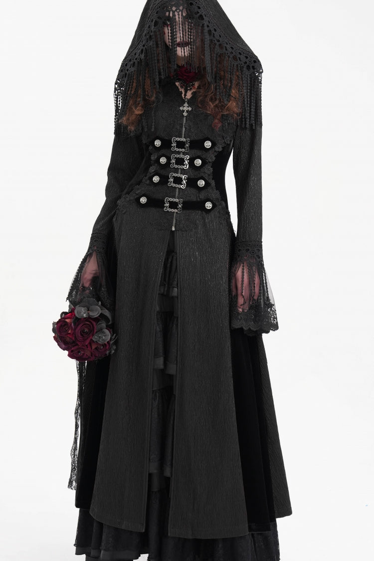 Black Buckle-up Tassels Hooded Women's Gothic Coat - Product - 6