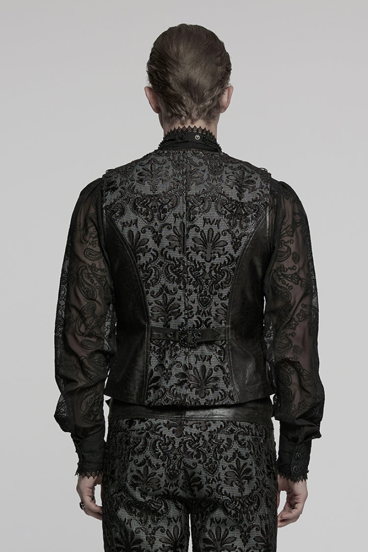 Black V Collar Long Sleeves Floral Embroidery Men's Gothic Vest - Product - 3