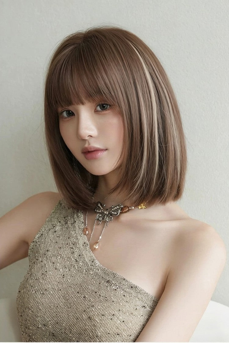 Brown/Beige Highlights Natural Fluffy Age-Reducing Clavicle Bob Sweet Lolita Wig - Product - 6