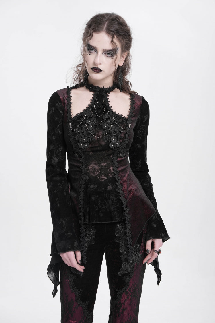 Red Long Trumpet Sleeves Jacquard Cutout Women's Gothic Blouse - Product - 3