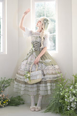 Green [Teacup Rabbit] Multi-Layered Print Ruffle Embroidery Bowknot Lace Asymmetric Sweet Elegant Lolita Jsk Dress - Product - 3