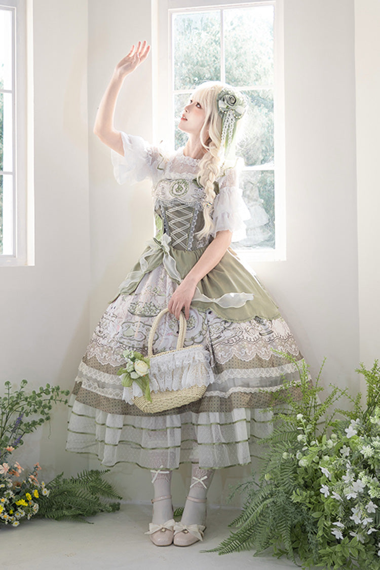 Green [Teacup Rabbit] Multi-Layered Print Ruffle Embroidery Bowknot Lace Asymmetric Sweet Elegant Lolita Jsk Dress - Product - 3