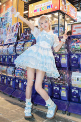 Blue/White [Cotton Cloud] Lapel Collar Ruffle Bowknot Lace-Up Sweet Lolita Jsk Dress - Product - 6