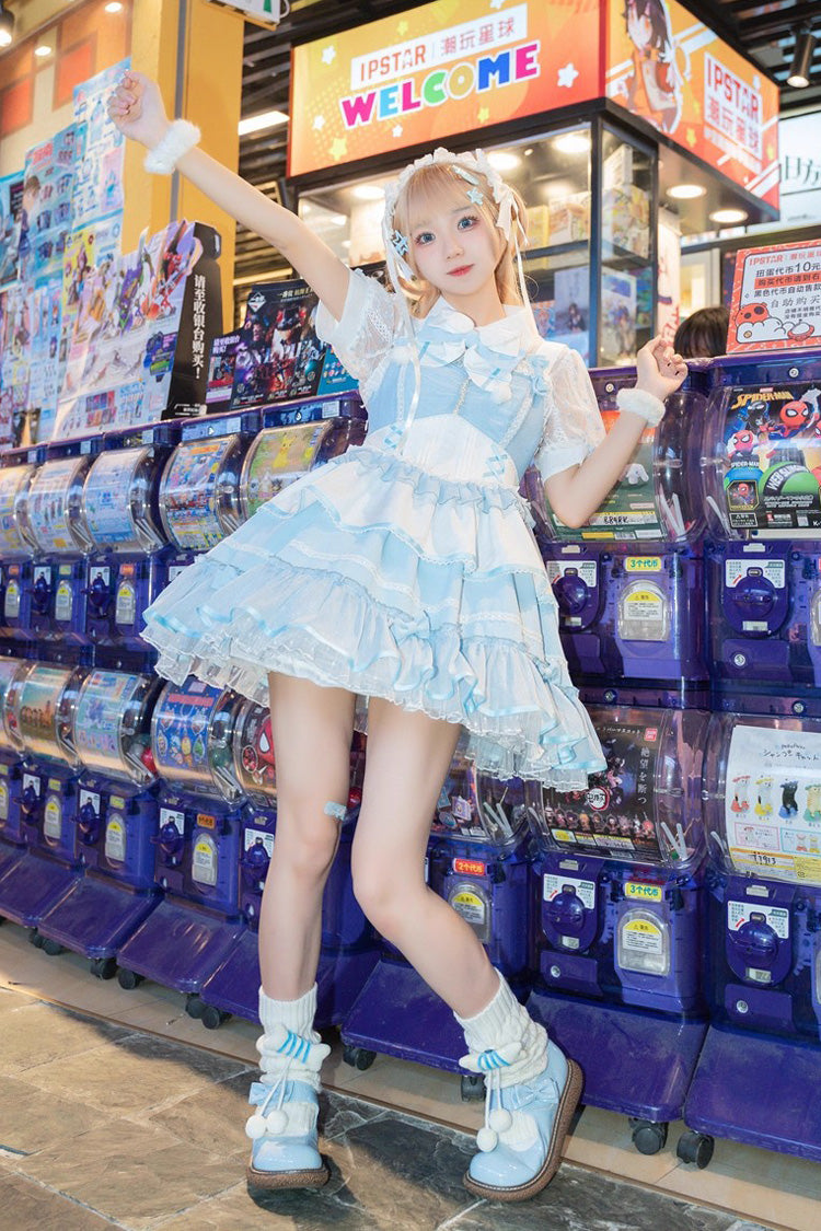 Blue/White [Cotton Cloud] Lapel Collar Ruffle Bowknot Lace-Up Sweet Lolita Jsk Dress - Product - 6