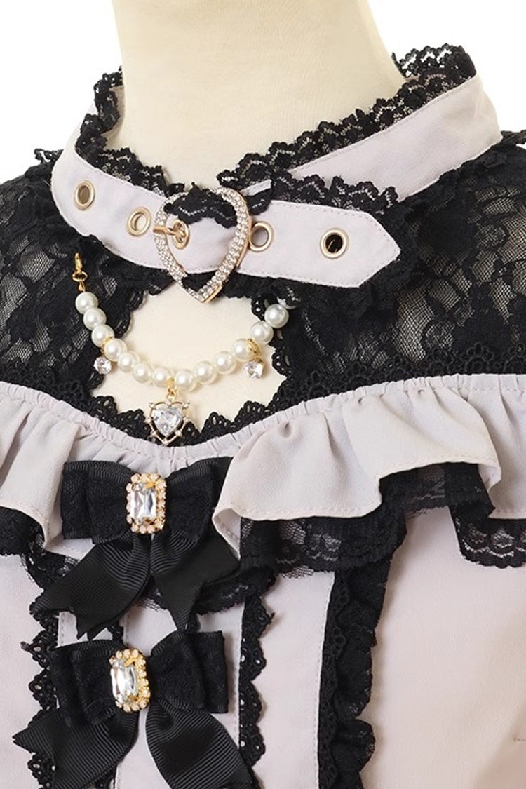 Sweet Jirai Kei Choker Neck Off Shoulder Bowknot Lace Japanese Blouse 3 Colors - Black/Pink - 11