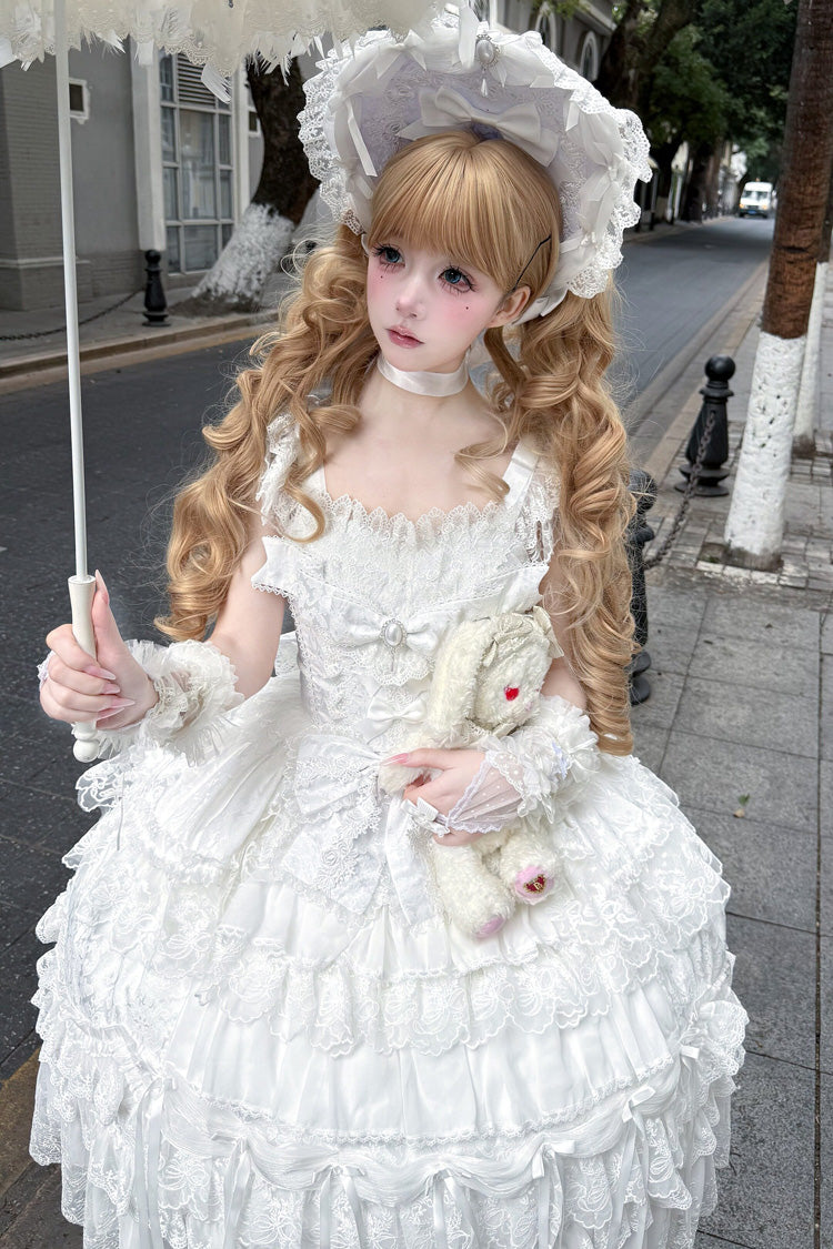 White [Eternal Floral Message] Square Collar Sleeveless Multi-Layered Hanayome Embroidered Bow Lace Sweet Lolita Jsk Dress - Product - 9