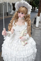 White [Eternal Floral Message] Square Collar Sleeveless Multi-Layered Hanayome Embroidered Bow Lace Sweet Lolita Jsk Dress - Product - 9