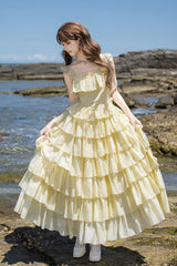 [Bubble Rain] Flutter Sleeves Multi-Layered Ruffled Sweet Lolita Jsk Dress 2 Colors (Yellow, Blue) - Product - 16