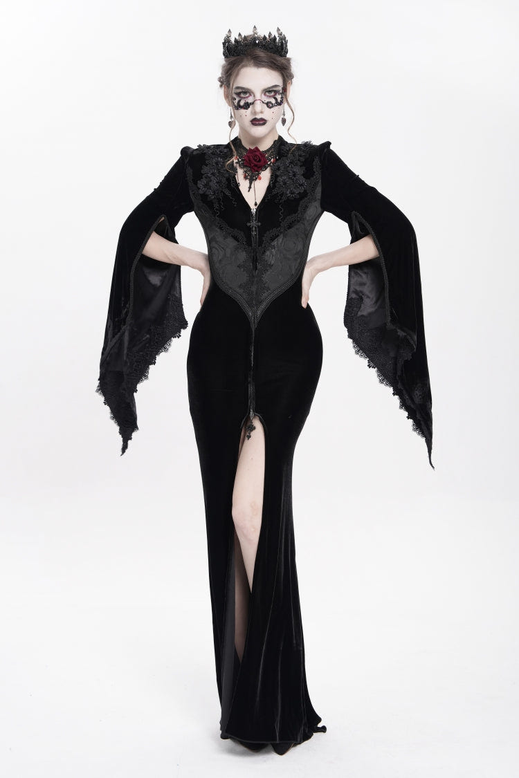 Black V Collar Long Trumpet Sleeves Floral Embroidered Velvet Women's Gothic Dress - Black - 1