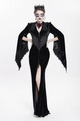 Black V Collar Long Trumpet Sleeves Floral Embroidered Velvet Women's Gothic Dress - Black - 1
