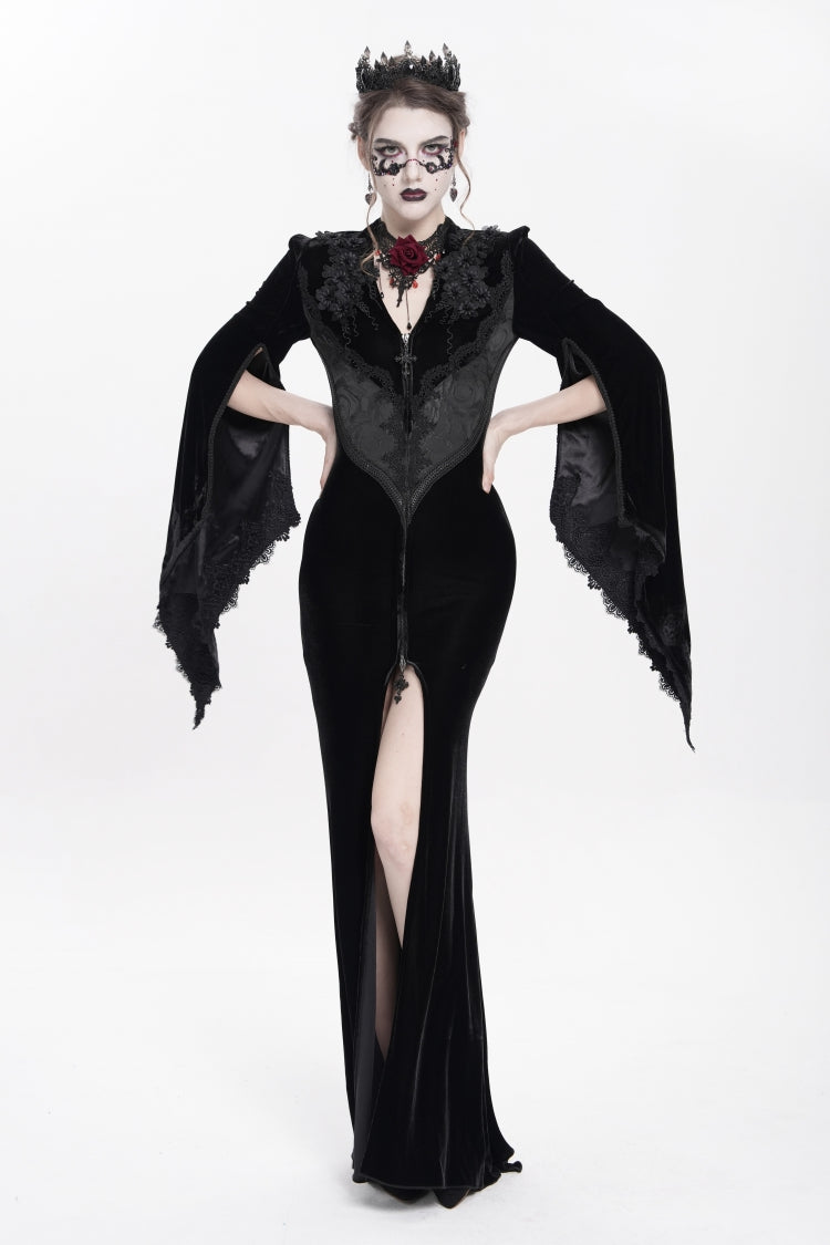 Black V Collar Long Trumpet Sleeves Floral Embroidered Velvet Women's Gothic Dress - Black - 1