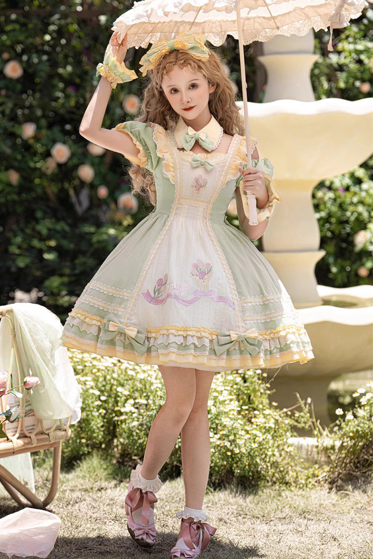 Green Short Sleeves Tulip Print Ruffle Bowknot Sweet Lolita Dress - Green - 1