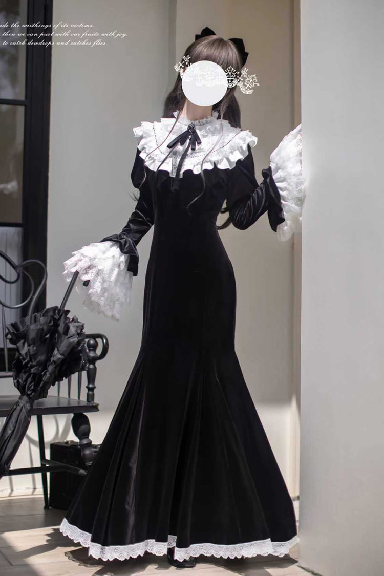 Black [Raven-Feather Poetic Letter] Velvet Long Hime Sleeves Ruffle Bowknot Gothic Elegant Lolita Fishtail Dress - Product - 3