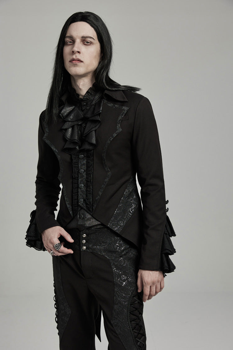 Black Bat Collar Ruffle Men's Swallow-tailed Gothic Coat - Product - 3