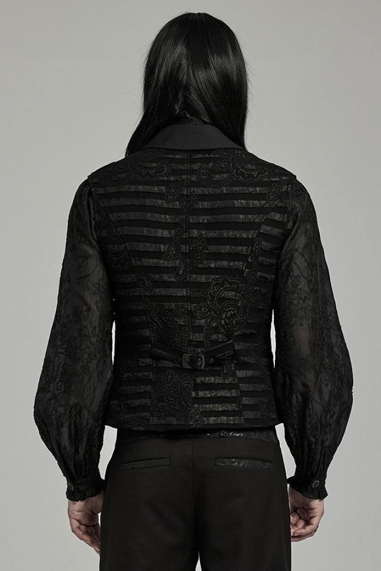 Black V Collar Jacquard Stripes Print Men's Gothic Vest - Product - 3