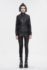 Black Stand Collar Crackled Buckle Women's Punk Jacket - Product - 5