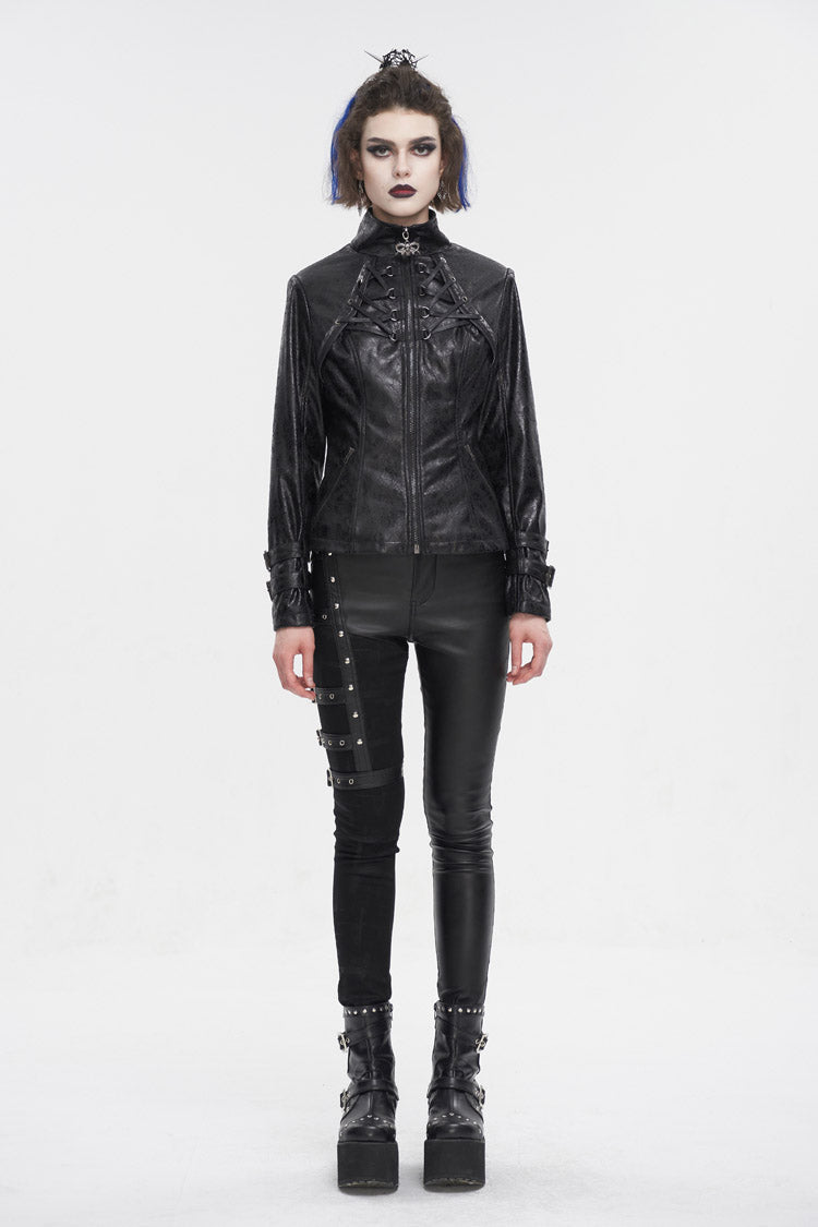 Black Stand Collar Crackled Buckle Women's Punk Jacket - Product - 5