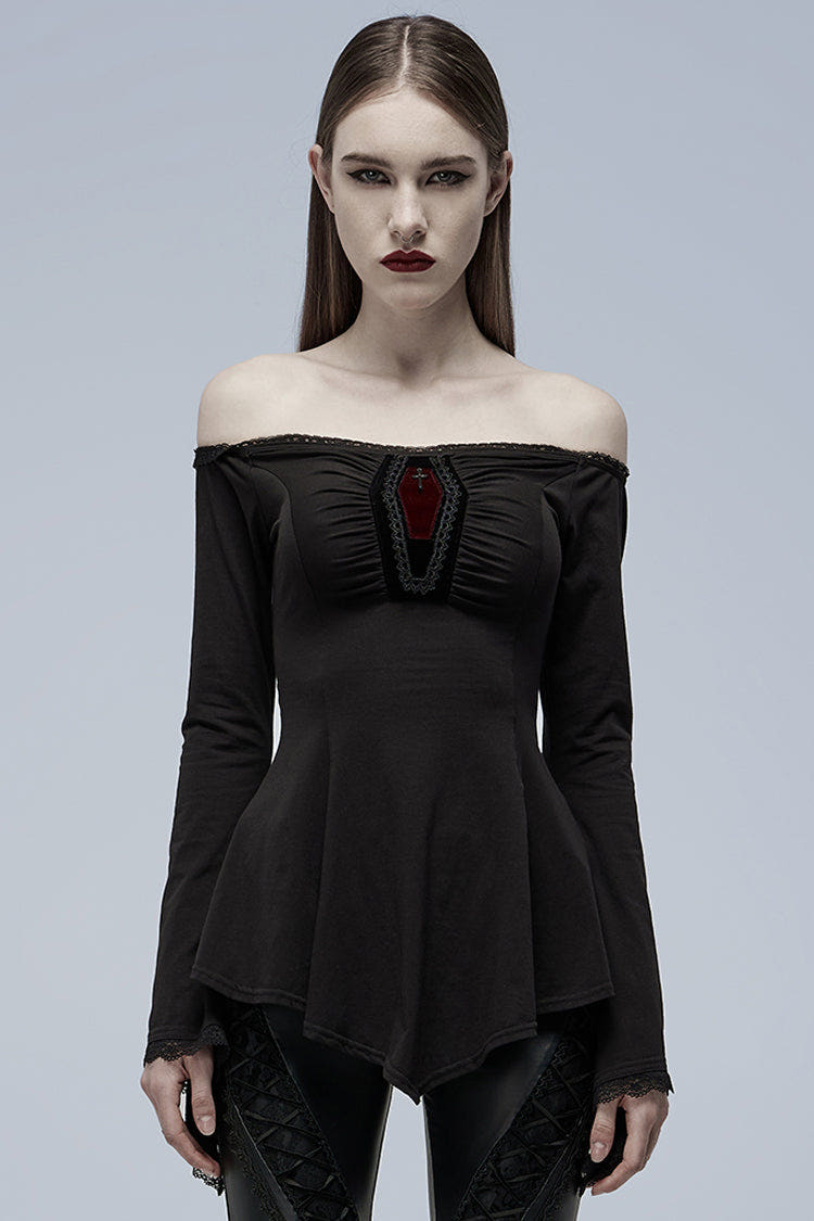 Black Vampire Elements Off Shoulder Long Sleeves Women's Gothic Blouse - Black - 1