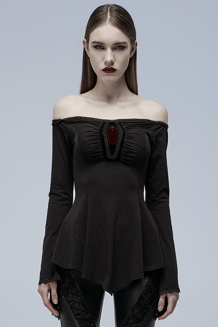 Black Vampire Elements Off Shoulder Long Sleeves Women's Gothic Blouse - Black - 1
