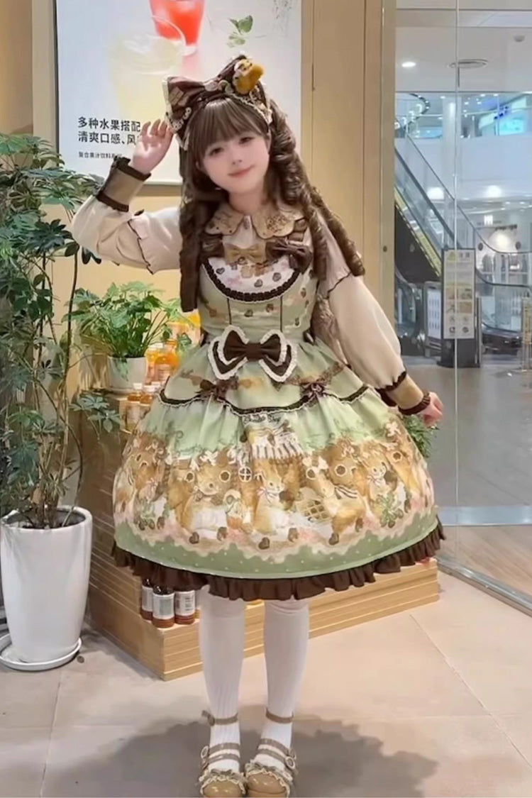 Green [Squirrel Chocolate Shop] Sleeveless Printed Ruffled Bow Sweet Lolita JSK Dress with Blouse - Product - 6