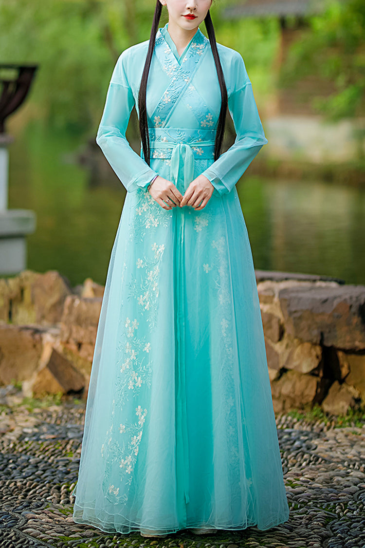 Green Fairy Airy Spring Flower Embroidery Sweet Hanfu Dress - Green - 1