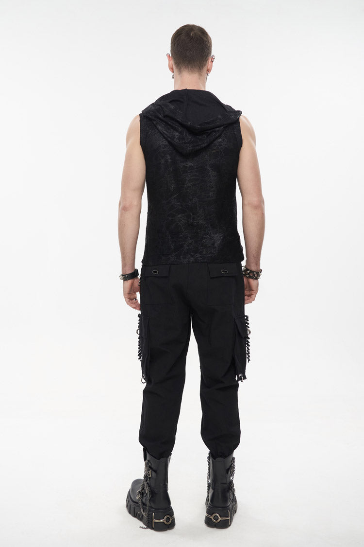 Black Skull Hollowed Out Print Stitched Sleeveless Chain Hoodie Men's Punk Shirt - Product - 5