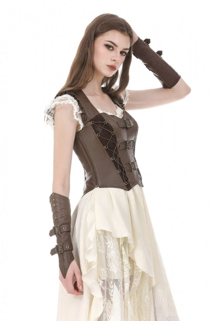 Brown Sweetheart Neckline Ruffled Flutter Sleeves Cut-Out Buckled Strap Women's Steampunk Slim Corset Vest - Product - 6