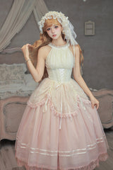 [Tulip Scent] Halterneck Sleeveless Printed Ruffled Lace Lace-Up Fishbone Sweet Lolita Jsk Dress Set (Pink/Purple 2 Colors) - Product - 17