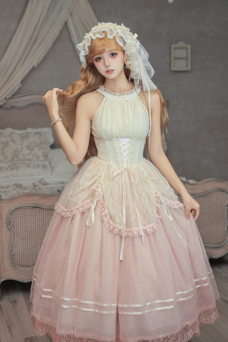 [Tulip Scent] Halterneck Sleeveless Printed Ruffled Lace Lace-Up Fishbone Sweet Lolita Jsk Dress Set (Pink/Purple 2 Colors) - Product - 17