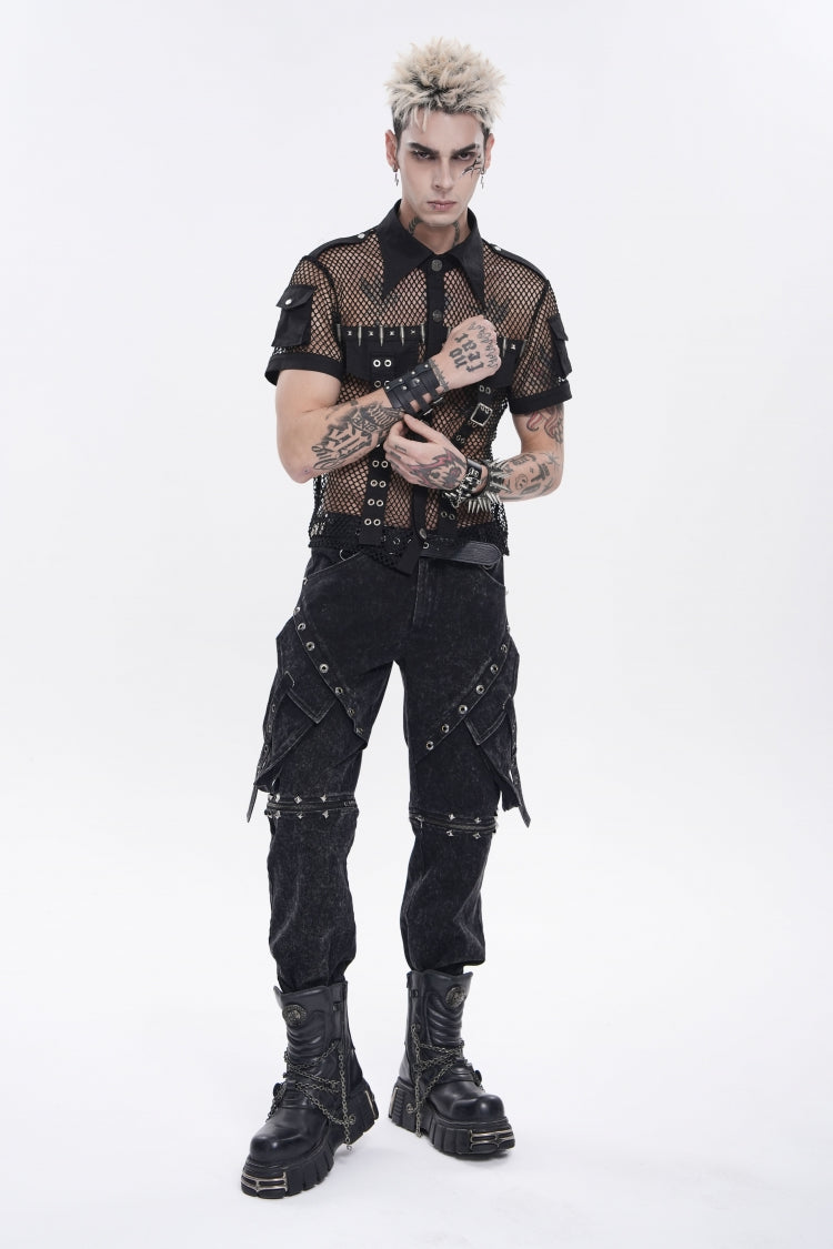 Black Spliced Detachable Studded Eyelet Men's Punk Cool Pants With Big Pockets - Product - 2