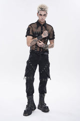Black Spliced Detachable Studded Eyelet Men's Punk Cool Pants With Big Pockets - Product - 2