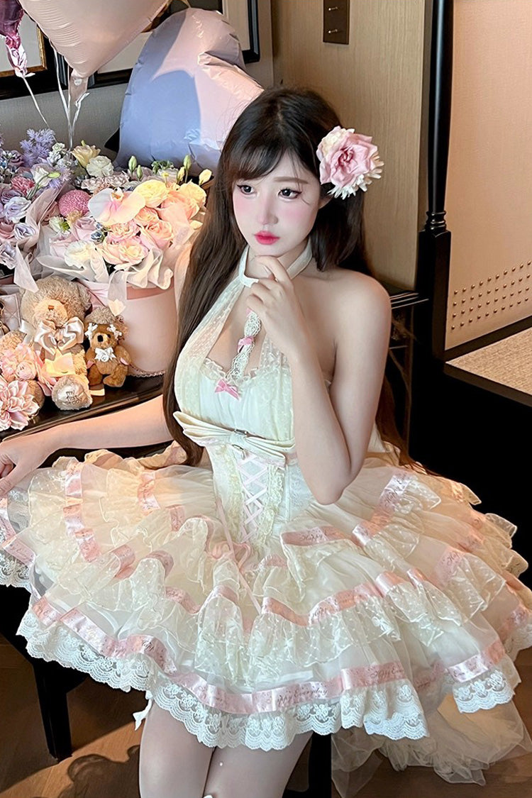 Beige [Ballet Dream] Halterneck Triple-Layered Ruffle Bowknot Lace-Up Sweet Princess Lolita Dress - Product - 8