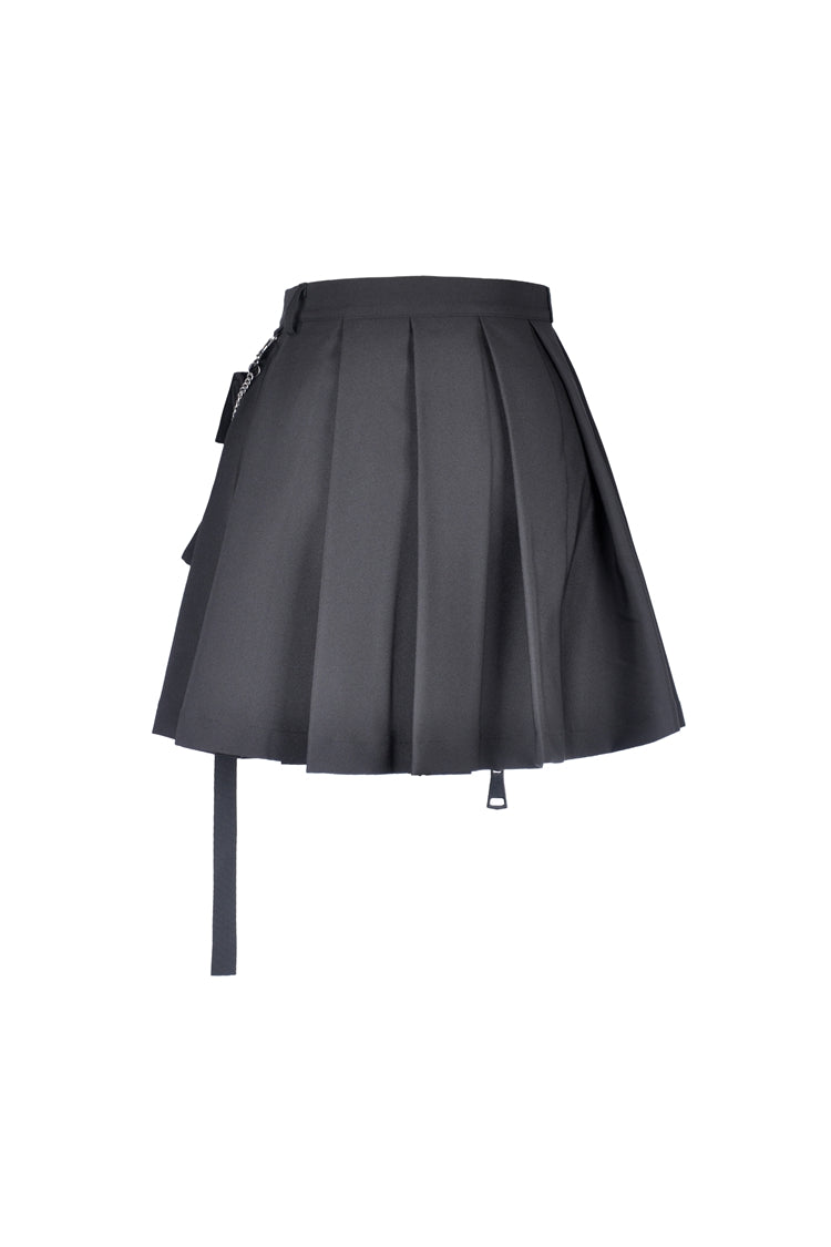 Black Zippered Pleated Women's Punk Casual Mini Skirt with Side Bag - Product - 13