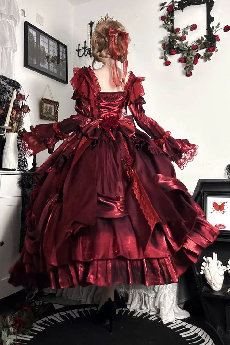 Red Tana Manor Rose Flower Long Sleeves Ruffle Bowknot Elegant Gothic Princess Lolita Strapless Dress - Product - 3