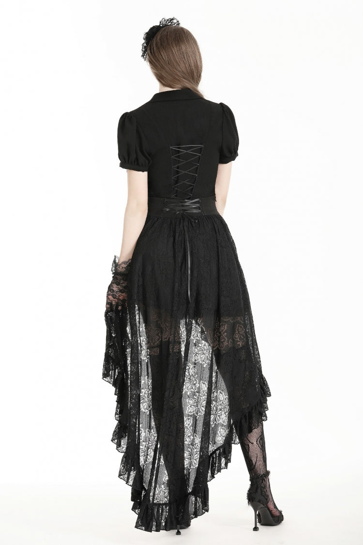 Black Women's Gothic Princess High Waisted Lace Lace-Up Buckled High/Low Tail Hem Maxi Skirt - Product - 4