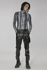 Black/Grey Punk High Collar Technology Sense Printing Elasticity Tight Long Sleeves Men's Shirt - Product - 4