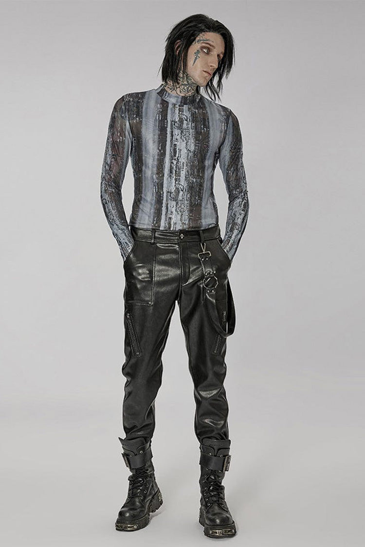 Black/Grey Punk High Collar Technology Sense Printing Elasticity Tight Long Sleeves Men's Shirt - Product - 4