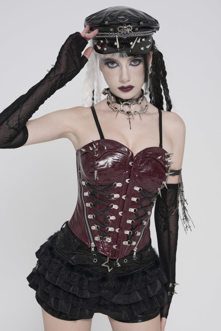 Red Lace-Up Slim Studded Zippered Women's Punk Corset - Product - 7
